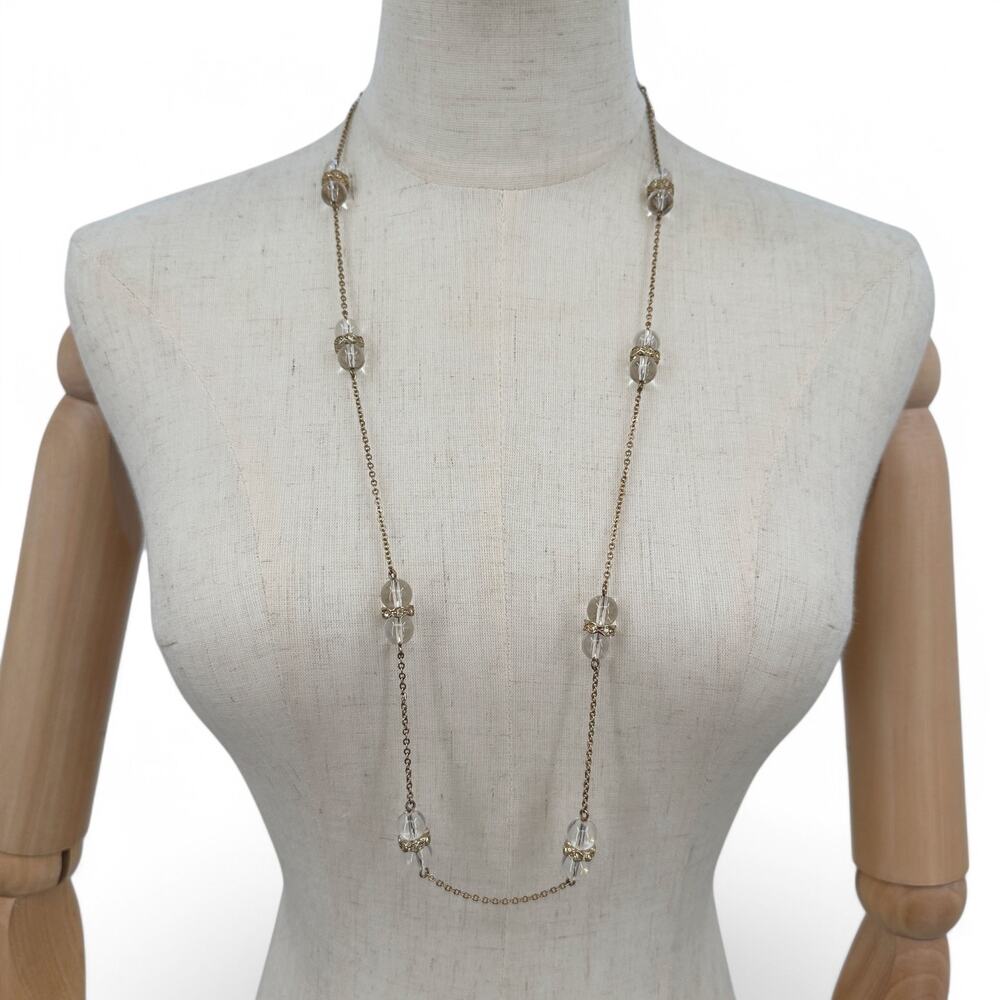 J.Crew Long Necklace Crystal and Bead Stations Black Ribbon Closure